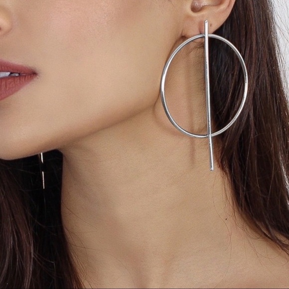 Any 2/$20! Large Silver Circle Vertical Bar Stud Earrings - Picture 3 of 8